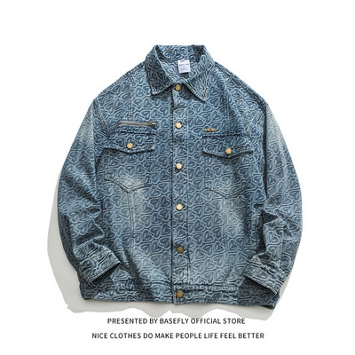 Sügiskevadine täissüdameprinter Teksajakk Unisex Meeste Pesapallipommitaja Unisex Naiste Mantel Kõrge Tänavarõivad Puuvillane