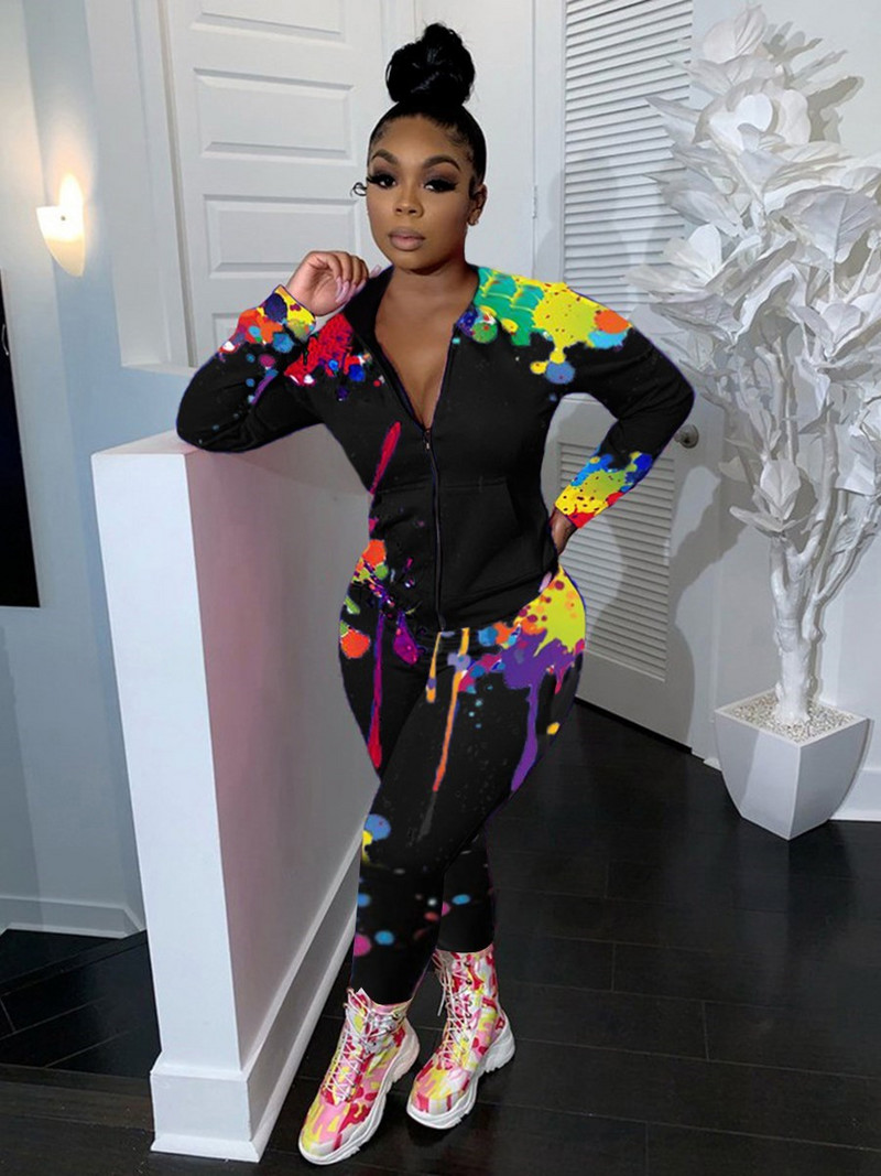 LW Plus Size Two pices σετ Splash Ink Pocket Design Σετ παντελόνι Τζάτζερ Σετ παντελόνι Σπορ αθλητική φόρμα γυμναστικής σετ δύο τεμαχίων