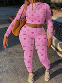 LW Plus Size Pink Two Pieces Σετ παντελόνι με στάμπα φρούτων πουλόβερ μακρυμάνικο παντελόνι με λαιμόκοψη & θήκη ελαστικό παντελόνι μέσης Fitness 2τμχ