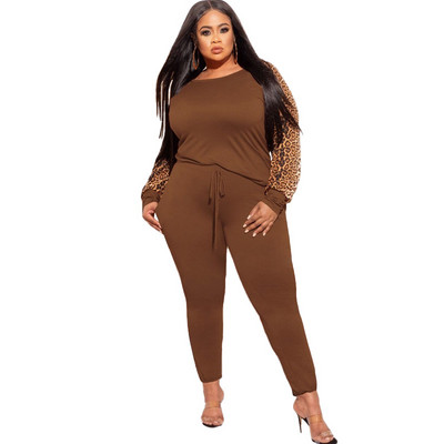 Γυναικεία σετ 5XL Plus Size Μπλουζάκια μπλουζάκια και κοστούμια παντελονιού 2021 Φθινοπωρινή μόδα Leopard Print Casual Σετ αθλητικών φόρμες μεγάλου μεγέθους δύο τεμαχίων