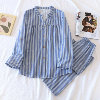 Kevadsuvi uus naiste 100% puuvillane marli triibuline pluss suurus pidžaama pikkade varrukatega püksid kaheosaline õhuke koduteenindusülikond