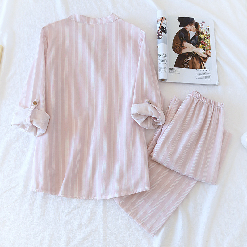 Kevadsuvi uus naiste 100% puuvillane marli triibuline pluss suurus pidžaama pikkade varrukatega püksid kaheosaline õhuke koduteenindusülikond