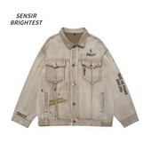 Αμερικανικού τύπου Washed Distressed Denim Jacket Vintage Κεντημένο τζιν μπουφάν Splash Ink Oversize Loose Jacket για άνδρες