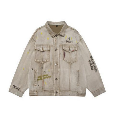 Αμερικανικού τύπου Washed Distressed Denim Jacket Vintage Κεντημένο τζιν μπουφάν Splash Ink Oversize Loose Jacket για άνδρες