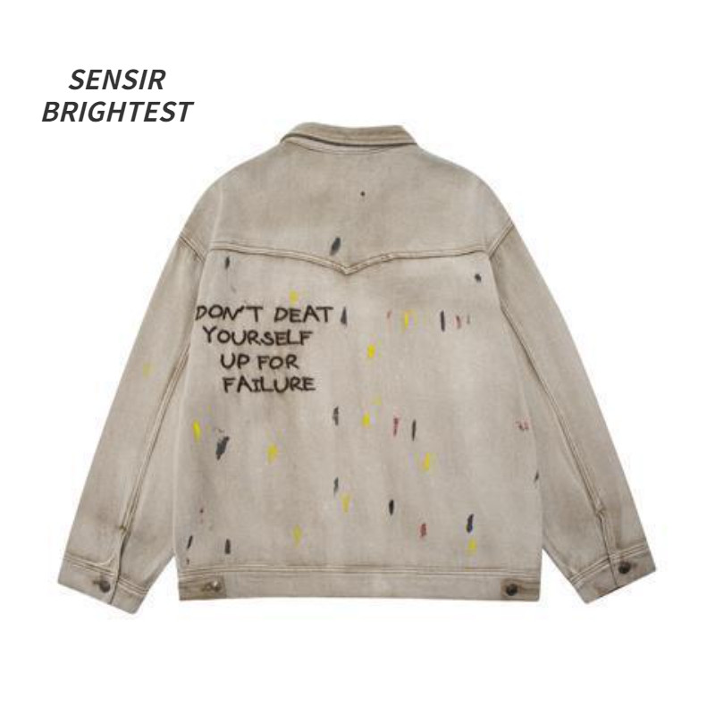 Αμερικανικού τύπου Washed Distressed Denim Jacket Vintage Κεντημένο τζιν μπουφάν Splash Ink Oversize Loose Jacket για άνδρες