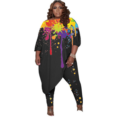 Naiste sügisriided Ümarkrae Ebaregulaarne X-pikk Topid Tindipritsmeprintimine Suures suuruses komplektid 4xl 5xl hulgimüük Dropshipping