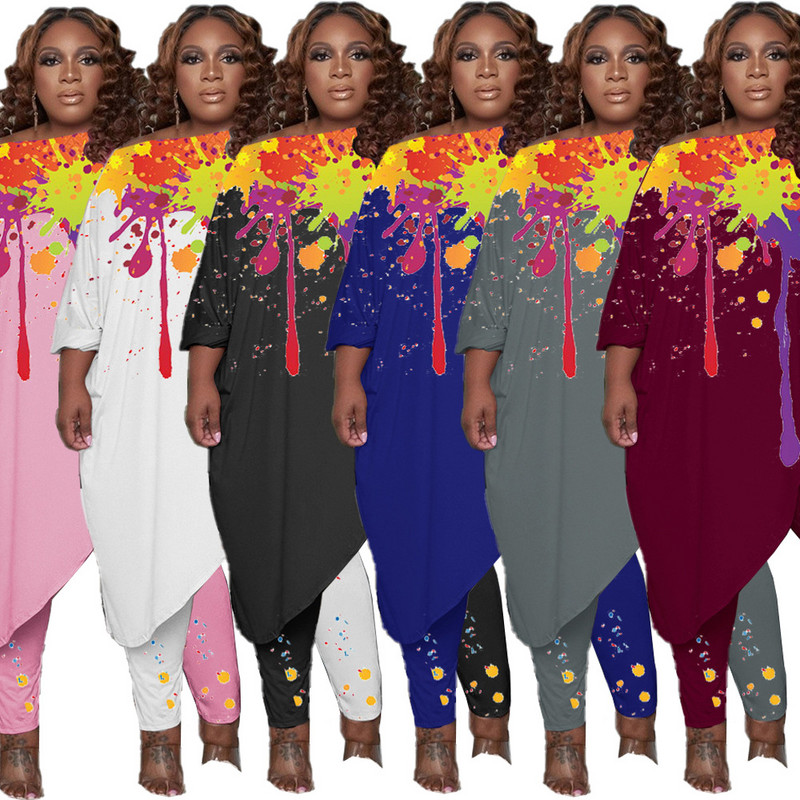 Naiste sügisriided Ümarkrae Ebaregulaarne X-pikk Topid Tindipritsmeprintimine Suures suuruses komplektid 4xl 5xl hulgimüük Dropshipping