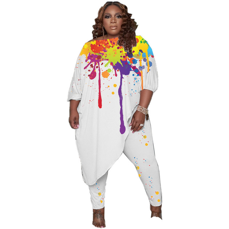 Naiste sügisriided Ümarkrae Ebaregulaarne X-pikk Topid Tindipritsmeprintimine Suures suuruses komplektid 4xl 5xl hulgimüük Dropshipping