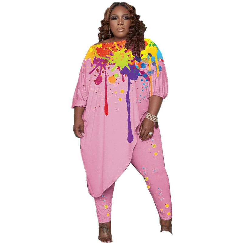 Naiste sügisriided Ümarkrae Ebaregulaarne X-pikk Topid Tindipritsmeprintimine Suures suuruses komplektid 4xl 5xl hulgimüük Dropshipping