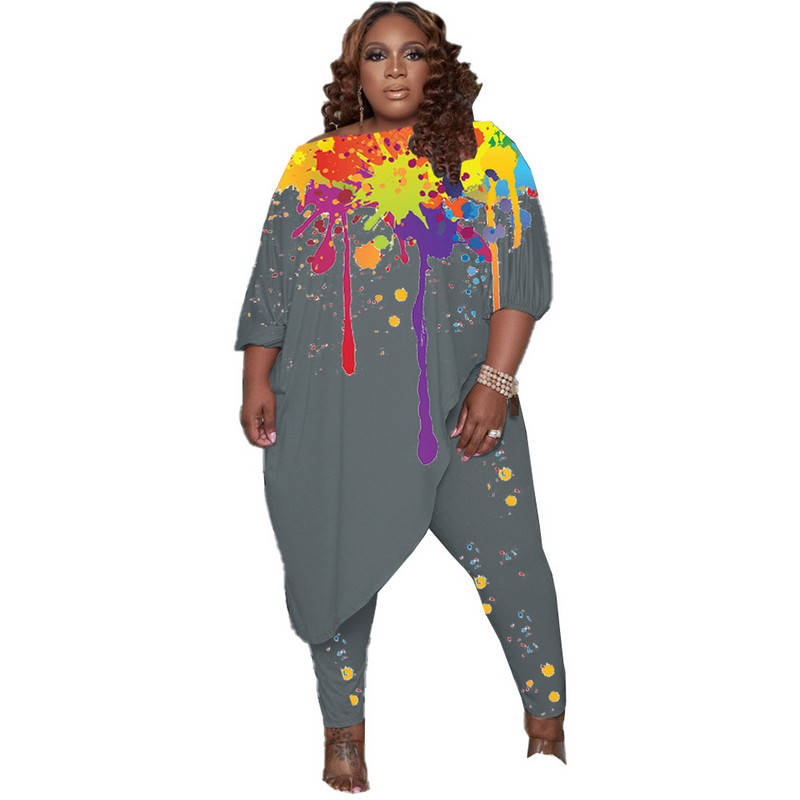 Naiste sügisriided Ümarkrae Ebaregulaarne X-pikk Topid Tindipritsmeprintimine Suures suuruses komplektid 4xl 5xl hulgimüük Dropshipping