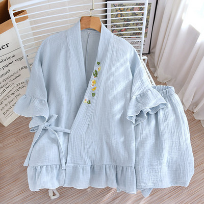 Ljeto 2023. novi japanski kimono kratkih rukava kratke hlače dvodijelni 100% pamuk krep ženska pidžama odijelo tanka široka kućanska odjeća