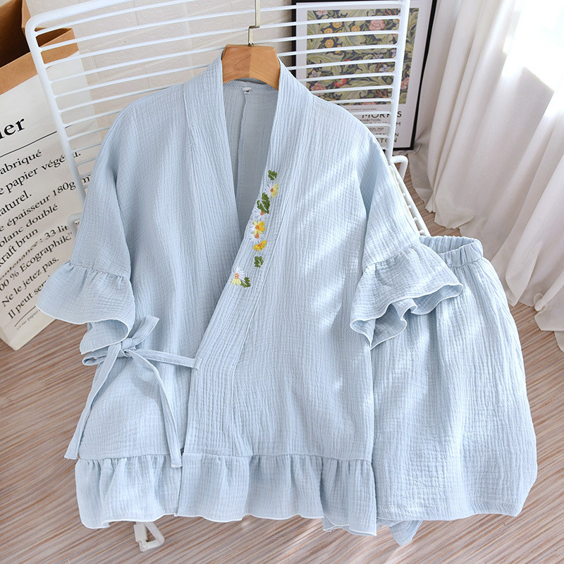 Letné nové japonské kimono s krátkym rukávom z dvojdielneho 100% bavlneného krepu, dámske pyžamové oblečenie, tenké voľné oblečenie do domácnosti z roku 2023