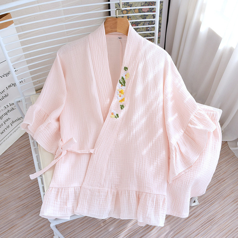 Letné nové japonské kimono s krátkym rukávom z dvojdielneho 100% bavlneného krepu, dámske pyžamové oblečenie, tenké voľné oblečenie do domácnosti z roku 2023