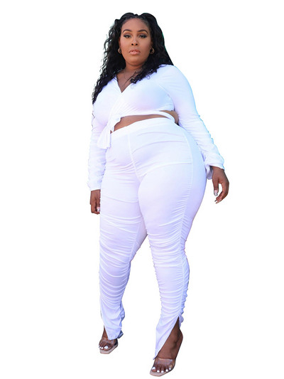 Σετ σε μέγεθος 2 τεμαχίων, γυναικείο μακρυμάνικο μπλουζάκι και στοιβαγμένο παντελόνι Σετ σέξι γυναικείο κοστούμι μεγάλου μεγέθους Χονδρική μαζική αποστολή