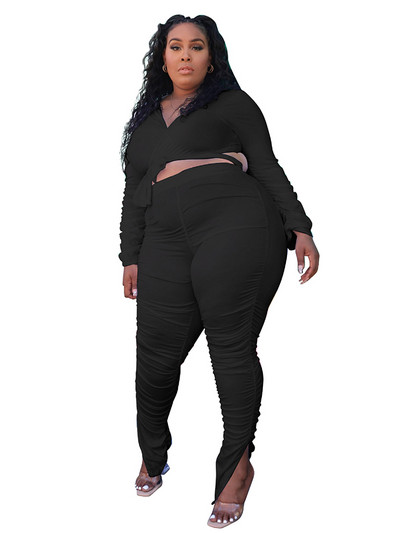 Σετ σε μέγεθος 2 τεμαχίων, γυναικείο μακρυμάνικο μπλουζάκι και στοιβαγμένο παντελόνι Σετ σέξι γυναικείο κοστούμι μεγάλου μεγέθους Χονδρική μαζική αποστολή