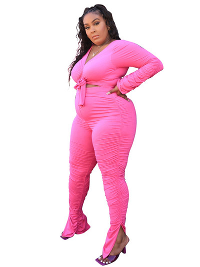 Σετ σε μέγεθος 2 τεμαχίων, γυναικείο μακρυμάνικο μπλουζάκι και στοιβαγμένο παντελόνι Σετ σέξι γυναικείο κοστούμι μεγάλου μεγέθους Χονδρική μαζική αποστολή