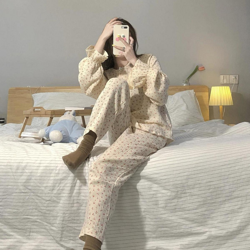 Haine de acasă pentru femei Seturi de pijamale din bumbac și cânepă 100% Îmbrăcăminte de casă imprimată pentru femei 2 buc Lenjerie de dormit confortabilă Îmbrăcăminte pentru toamnă Nou