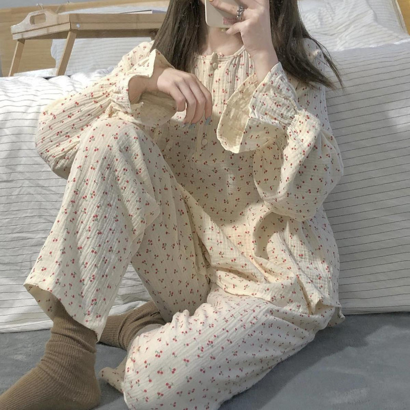 Haine de acasă pentru femei Seturi de pijamale din bumbac și cânepă 100% Îmbrăcăminte de casă imprimată pentru femei 2 buc Lenjerie de dormit confortabilă Îmbrăcăminte pentru toamnă Nou