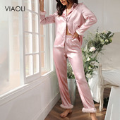 Γυναικεία Stretch Ζακέτα μακρυμάνικο παντελόνι πέτο δύο τεμαχίων σατέν λεπτή εφαρμογή Άνετη μόδα Γυναικεία πιτζάμες S-XL Sleepwear κοστούμι