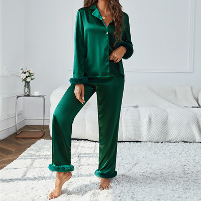 Γυναικεία Stretch Ζακέτα μακρυμάνικο παντελόνι πέτο δύο τεμαχίων σατέν λεπτή εφαρμογή Άνετη μόδα Γυναικεία πιτζάμες S-XL Sleepwear κοστούμι