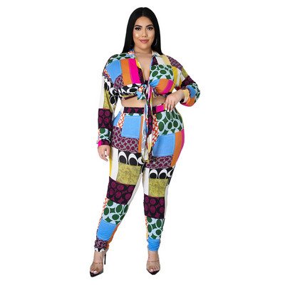 CM.YAYA Γυναικεία αθλητική φόρμα συν μέγεθος εκτύπωσης Ολόσωμο μανίκι Επίδεσμος με γυριστό γιακά κοψί και στενό παντελόνι Δύο 2 τεμάχια σετ φθινοπωρινά