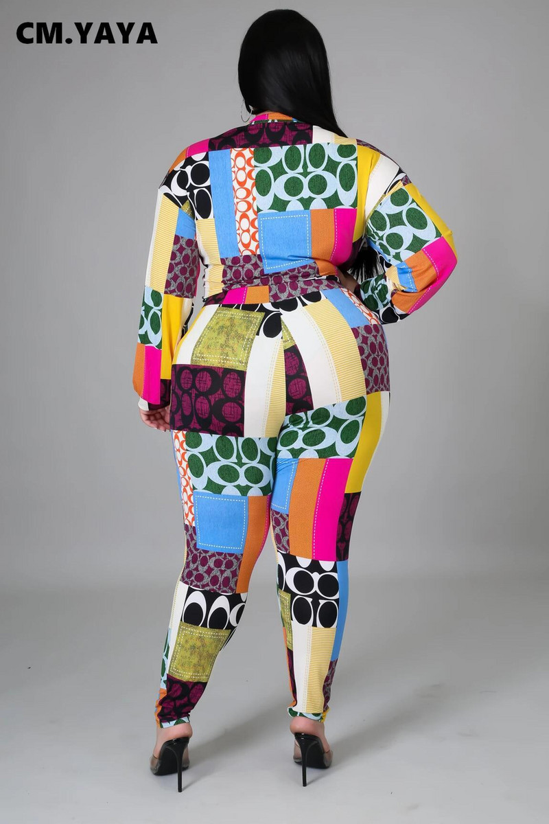 CM.YAYA Γυναικεία αθλητική φόρμα συν μέγεθος εκτύπωσης Ολόσωμο μανίκι Επίδεσμος με γυριστό γιακά κοψί και στενό παντελόνι Δύο 2 τεμάχια σετ φθινοπωρινά