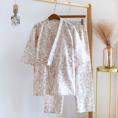 100% βαμβακερό νήμα καλοκαιρινή γυναικεία πιτζάμα 2 τμχ πιτζάμες ιαπωνικής κιμονό Γυναικεία ενδύματα σπιτιού Πιτζάμα κοστούμι Casual Floral εμπριμέ 2 τμχ