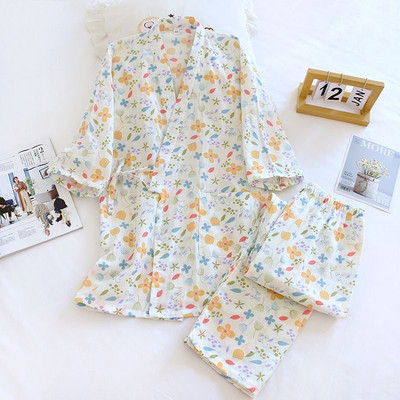 100% βαμβακερό νήμα καλοκαιρινή γυναικεία πιτζάμα 2 τμχ πιτζάμες ιαπωνικής κιμονό Γυναικεία ενδύματα σπιτιού Πιτζάμα κοστούμι Casual Floral εμπριμέ 2 τμχ