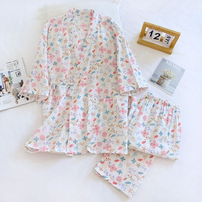 100% βαμβακερό νήμα καλοκαιρινή γυναικεία πιτζάμα 2 τμχ πιτζάμες ιαπωνικής κιμονό Γυναικεία ενδύματα σπιτιού Πιτζάμα κοστούμι Casual Floral εμπριμέ 2 τμχ