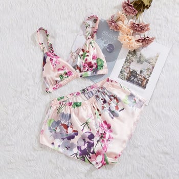 Γυναικεία Sleepwear Floral Print Σατέν Μεταξωτές Πυτζάμες Σετ Sleep Short Σετ Sweet Girls Pijama Αμάνικο Σετ σορτς Camis Πιτζάμα