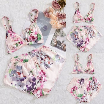 Γυναικεία Sleepwear Floral Print Σατέν Μεταξωτές Πυτζάμες Σετ Sleep Short Σετ Sweet Girls Pijama Αμάνικο Σετ σορτς Camis Πιτζάμα