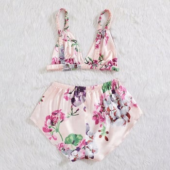 Γυναικεία Sleepwear Floral Print Σατέν Μεταξωτές Πυτζάμες Σετ Sleep Short Σετ Sweet Girls Pijama Αμάνικο Σετ σορτς Camis Πιτζάμα