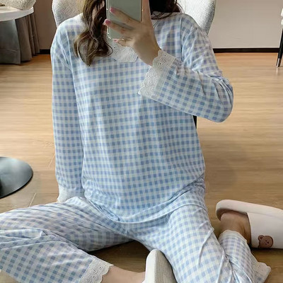 Φθινοπωρινά Γυναικεία Σετ Πυτζάμες Δαντέλα με λαιμόκοψη V καρό Γλυκά Πυζά για κορίτσια Απλή ιαπωνική Παρουσίαση Νέα οικιακά ρούχα Φοιτητικά