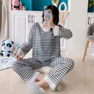 Φθινοπωρινά Γυναικεία Σετ Πυτζάμες Δαντέλα με λαιμόκοψη V καρό Γλυκά Πυζά για κορίτσια Απλή ιαπωνική Παρουσίαση Νέα οικιακά ρούχα Φοιτητικά