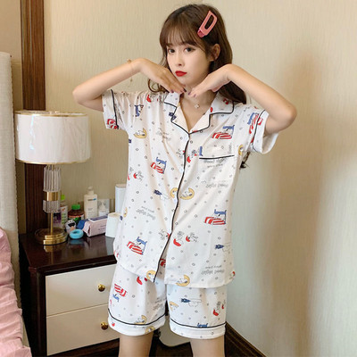 Εκτύπωση Γυναικεία Σετ Πυτζάμες Καλοκαιρινό κοντομάνικο καρτούν Πυτζάμες Ροζ Pijama Mujer Γυναικείο νυχτικό Cat Moon