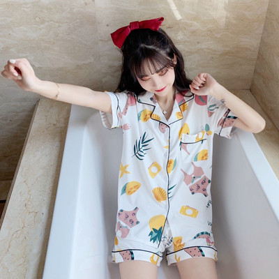 Εκτύπωση Γυναικεία Σετ Πυτζάμες Καλοκαιρινό κοντομάνικο καρτούν Πυτζάμες Ροζ Pijama Mujer Γυναικείο νυχτικό Cat Moon