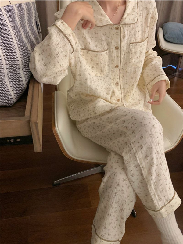 Voľné pyžamové súpravy pre ženy, jednoduché vintage francúzske potlačené, sladké, jemné, mäkké, univerzálne, nové jesenné pyžamové oblečenie, dámske trendy