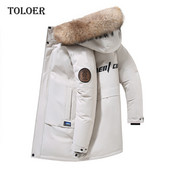 Jachetă albă din puf de rață pentru bărbați, iarnă, cu glugă, guler lung de blană