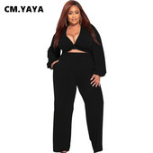 CM.YAYA Γυναικείο Σετ Plus Size Solid Crop Tops + Τσέπες Παντελόνι Δύο Σετ 2 τεμαχίων Cleavage Sexy Fashion Outfits Φόρμες φθινοπώρου