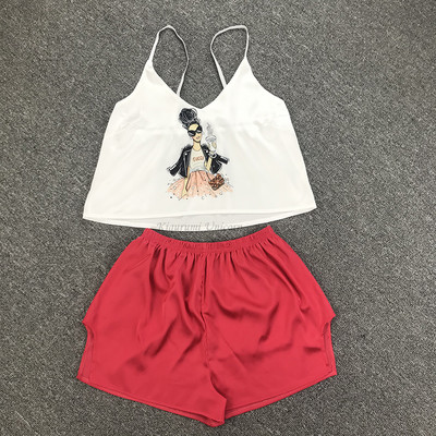 Σετ πιτζάμες με λουράκι σπαγγέτι Αμάνικο διακοσμητικό σχέδιο κινουμένων σχεδίων πιτζάμες Σετ σορτς ύπνου Σετ πιτζάμα κοστούμι πυζά Γυναικεία σέξι νυχτερινά