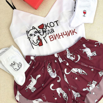 Σετ πιτζάμες με λουράκι σπαγγέτι Αμάνικο διακοσμητικό σχέδιο κινουμένων σχεδίων πιτζάμες Σετ σορτς ύπνου Σετ πιτζάμα κοστούμι πυζά Γυναικεία σέξι νυχτερινά