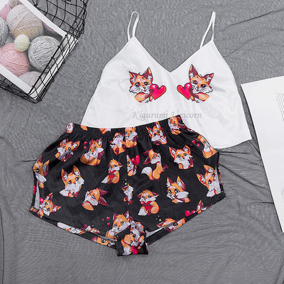 Σετ πιτζάμες με λουράκι σπαγγέτι Αμάνικο διακοσμητικό σχέδιο κινουμένων σχεδίων πιτζάμες Σετ σορτς ύπνου Σετ πιτζάμα κοστούμι πυζά Γυναικεία σέξι νυχτερινά