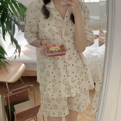 Γυναικείες πιτζάμες βαμβακερές γάζες Κορεάτικες κοντές πυτζάμες Bear print Πιτζάμες κοντό μανίκι 2 τεμαχίων γυναικείο σετ Dropshipping