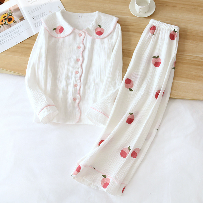 Kahekordse marli puuvillane naiste magamisriided, 2-osaline naiste puuvillane koduülikond pidžaama, kevadine pikkade varrukatega pidžaama, naiste vabaaja salongikomplekt