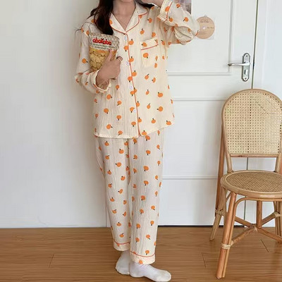 100% βαμβακερές χειμερινές πιτζάμες με στάμπες γυναικείες πιτζάμες Σετ φαρδύ λεπτό πέτο Μακρυμάνικο γάζα βαμβακερό 2 τμχ Πυτζάμες Φαρδιά ρούχα για το σπίτι