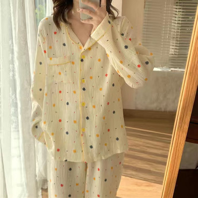 100% βαμβακερές χειμερινές πιτζάμες με στάμπες γυναικείες πιτζάμες Σετ φαρδύ λεπτό πέτο Μακρυμάνικο γάζα βαμβακερό 2 τμχ Πυτζάμες Φαρδιά ρούχα για το σπίτι