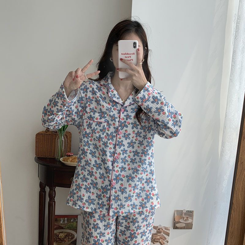 100% βαμβακερές χειμερινές πιτζάμες με στάμπες γυναικείες πιτζάμες Σετ φαρδύ λεπτό πέτο Μακρυμάνικο γάζα βαμβακερό 2 τμχ Πυτζάμες Φαρδιά ρούχα για το σπίτι