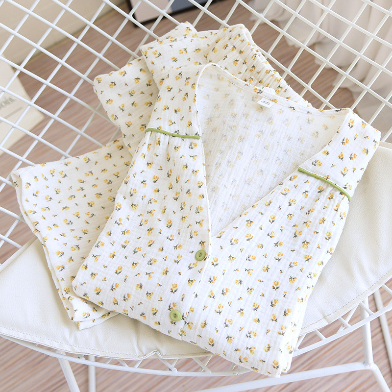 Ανοιξιάτικο και Φθινόπωρο Νέο Γυναικείο Σετ λουλουδένιο πιτζάμες με λαιμόκοψη με μακρυμάνικο παντελόνι 100% βαμβακερό κρεπ μεγάλο μέγεθος Γλυκό και χαριτωμένο σετ ρούχων για το σπίτι