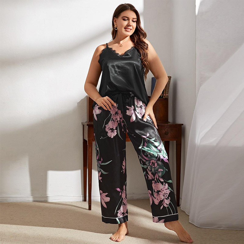 Set de pijamale de marime mare XL-5XL Lenjerie de dormit pentru femei Costum de pijama cu decolteu în V Lenjerie de noapte Pantaloni Noua vară Casual din satin mătăsos Îmbrăcăminte de acasă