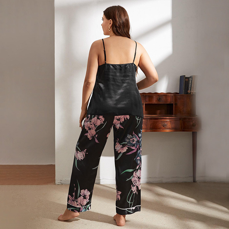 Set de pijamale de marime mare XL-5XL Lenjerie de dormit pentru femei Costum de pijama cu decolteu în V Lenjerie de noapte Pantaloni Noua vară Casual din satin mătăsos Îmbrăcăminte de acasă